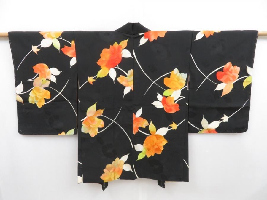 4812T04z650 Vintage Japanese Kimono Silk HAORI Flower Black