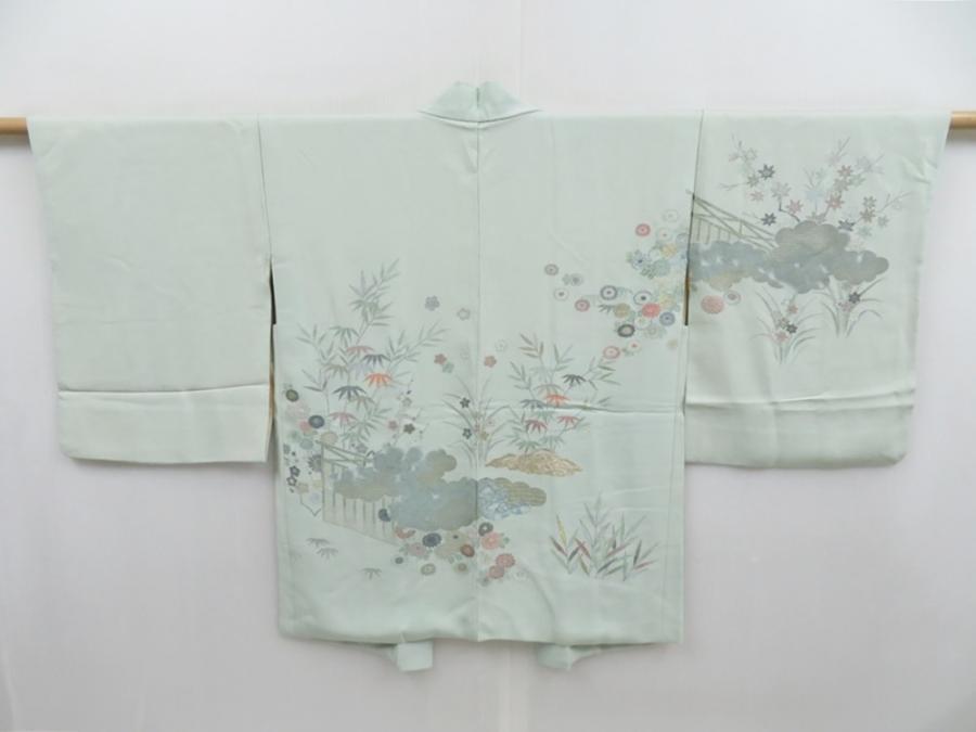 4812T13z610 Vintage Japanese Kimono Silk HAORI Chrysanthemum Celadon