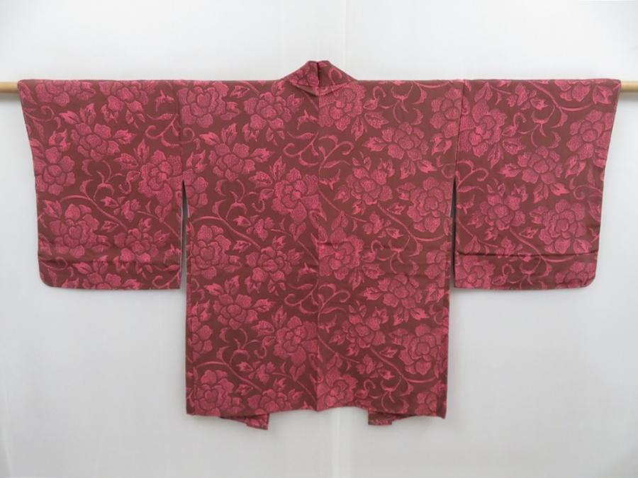 4812T14z440 Vintage Japanese Kimono Silk HAORI Flower Rosy brown