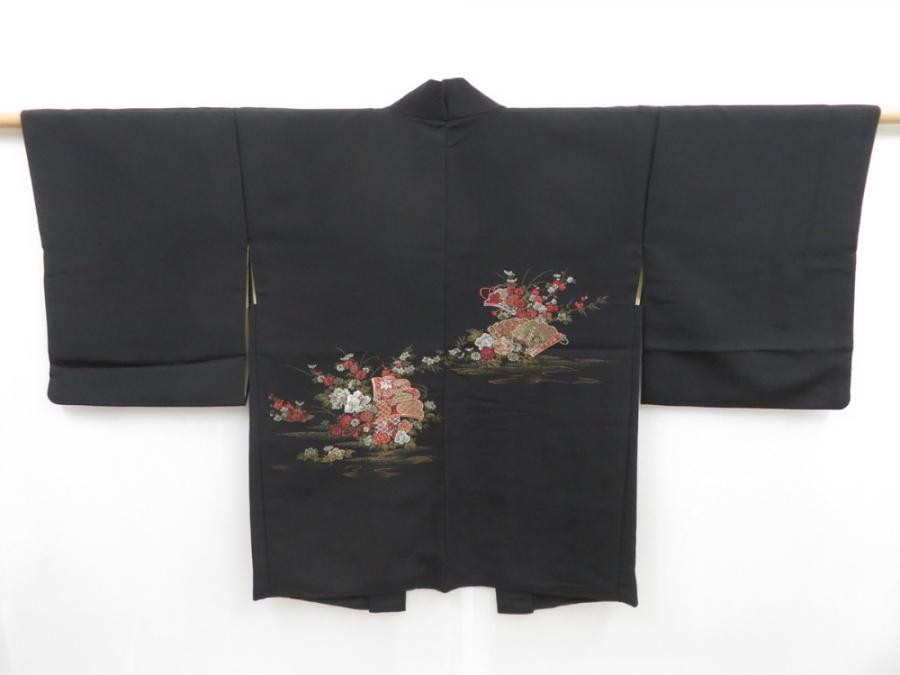 4813T03z570 Vintage Japanese Kimono Silk HAORI Flowers Black