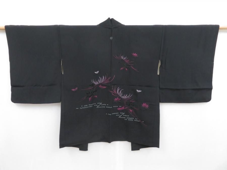 4813T05z540 Vintage Japanese Kimono Silk HAORI Flowers Black