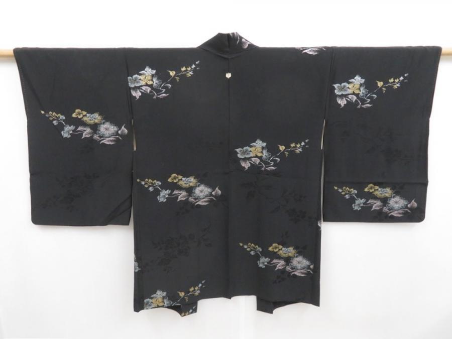 4813T07z540 Vintage Japanese Kimono Silk HAORI Flowers Black