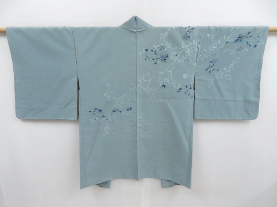 4813T10z540 Vintage Japanese Kimono Silk HAORI Flower Dull light blue