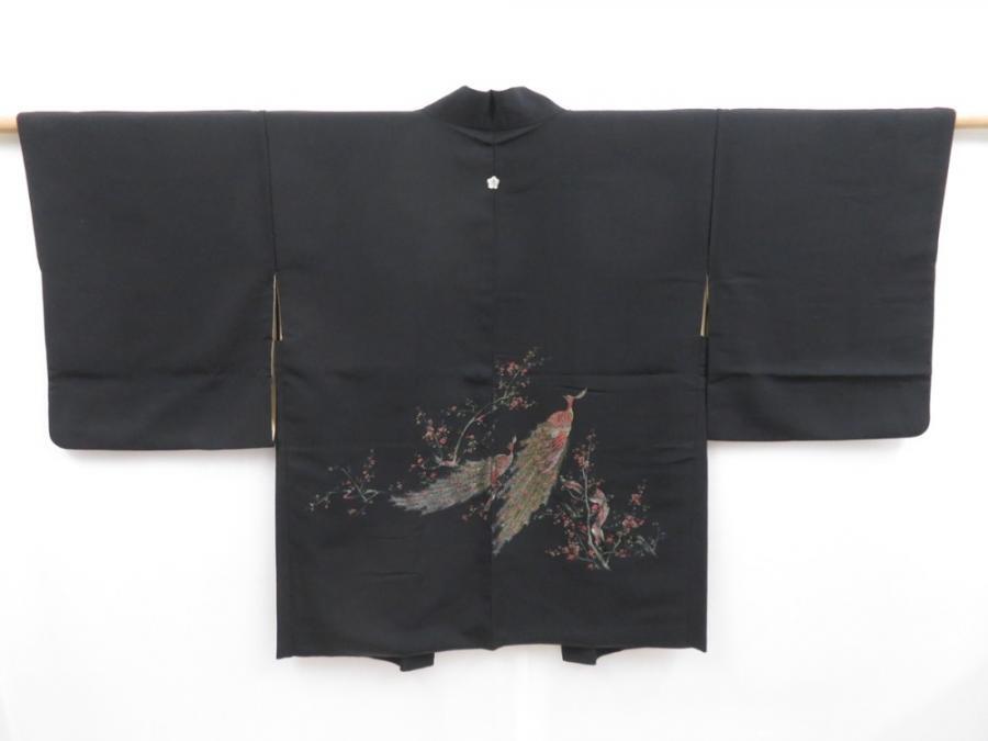 4813T13z600 Vintage Japanese Kimono Silk HAORI Peacock Black