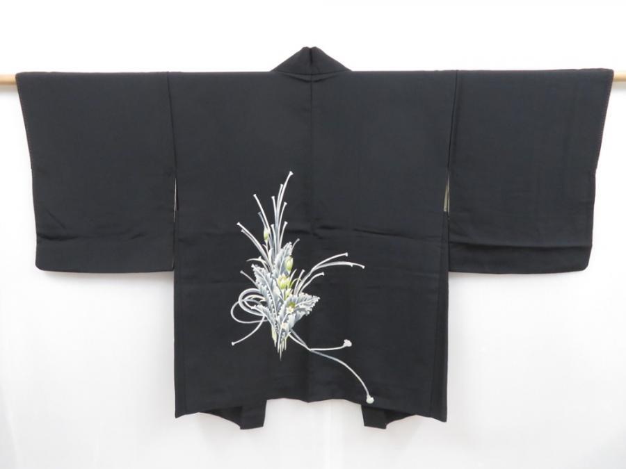 4816T08z580 Vintage Japanese Kimono Silk HAORI Flower Black