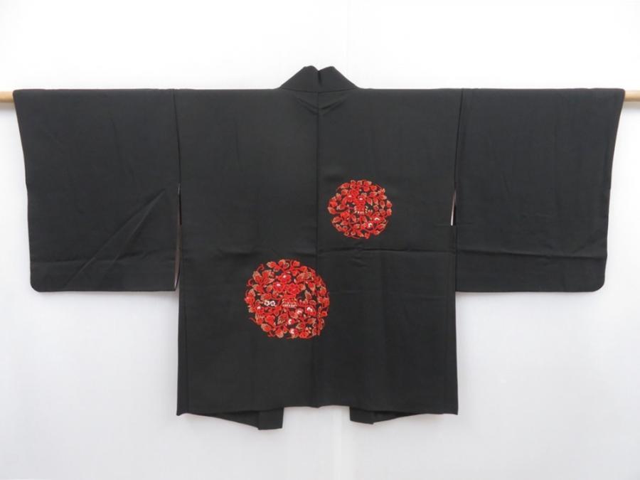 4816T10z570 Vintage Japanese Kimono Silk HAORI Flowers Black