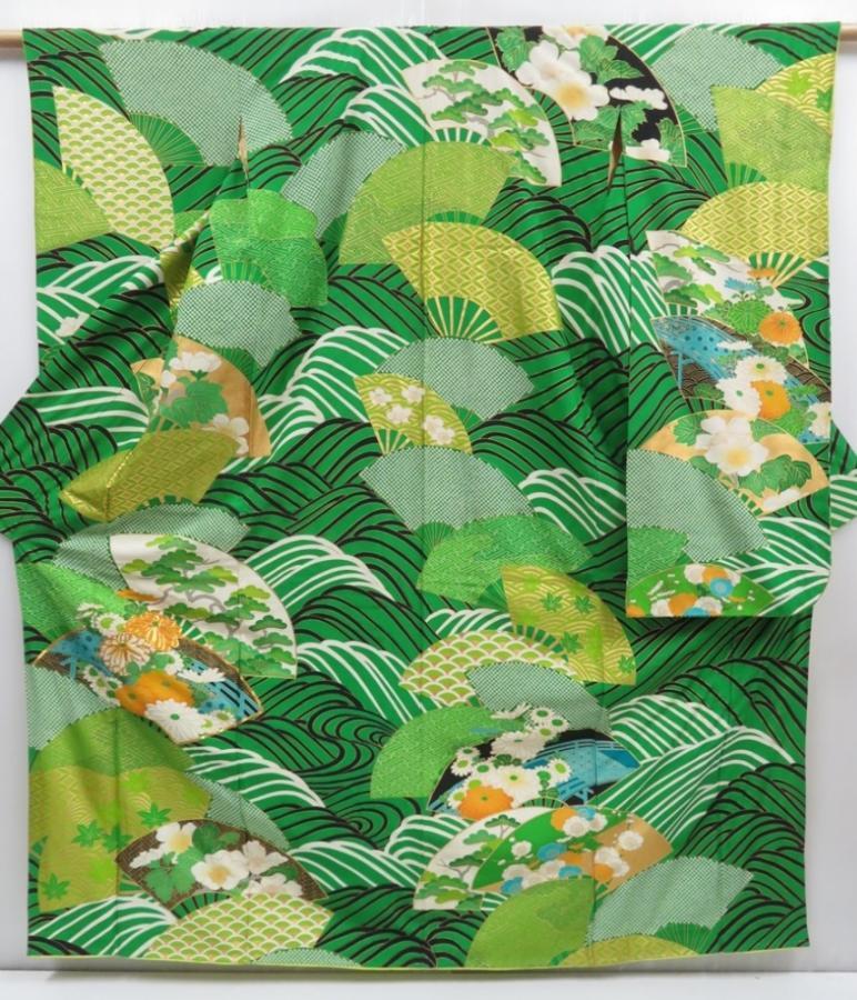 4817T10z1220 Vintage Japanese Kimono Silk FURISODE Chrysanthemum Green