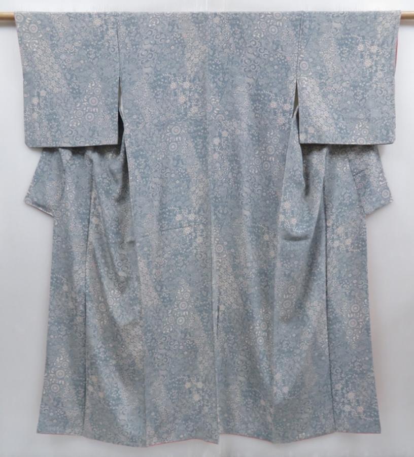 4817T11z830 Vintage Japanese Kimono Silk KOMON Flowers Dull light blue