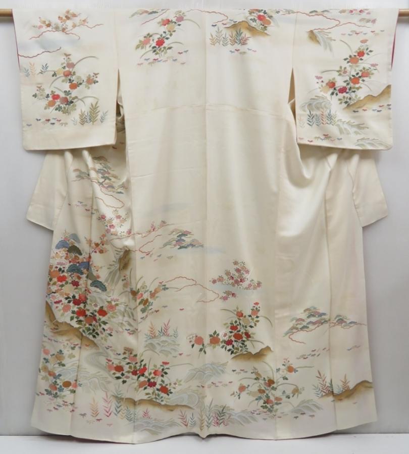 4817T12z950 Vintage Japanese Kimono Silk TSUKESAGE Flowers Off-white