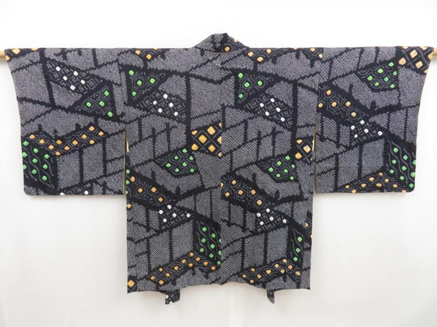 4931T01z480 Vintage Japanese Kimono Silk SHIBORI HAORI  Black