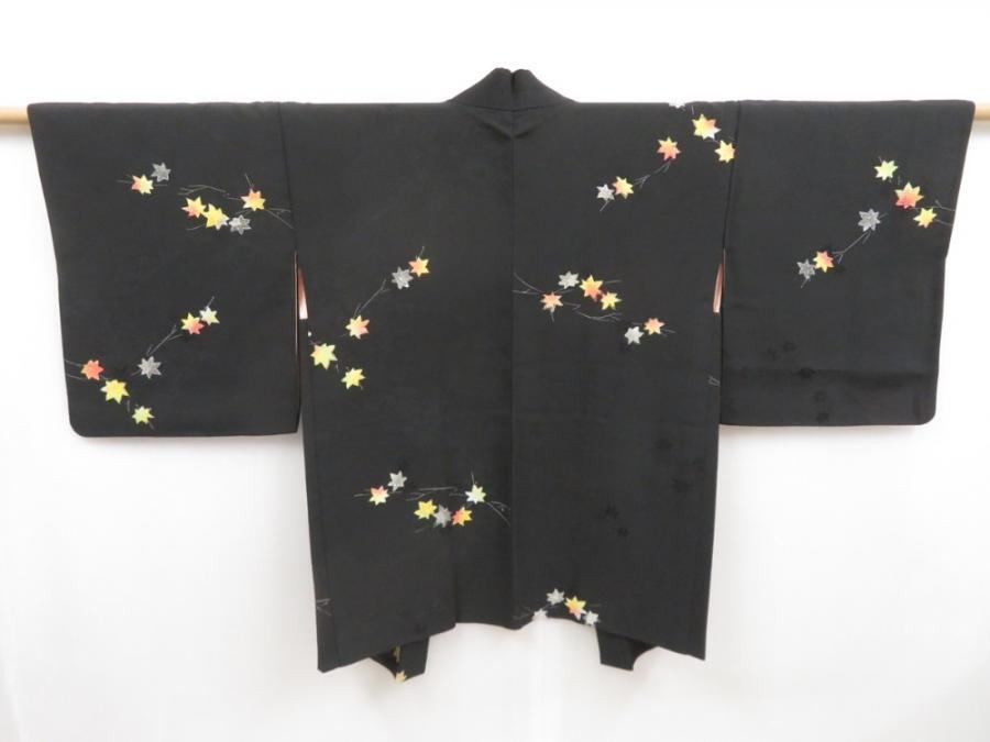 4931T04z610 Vintage Japanese Kimono Silk HAORI Maple Black