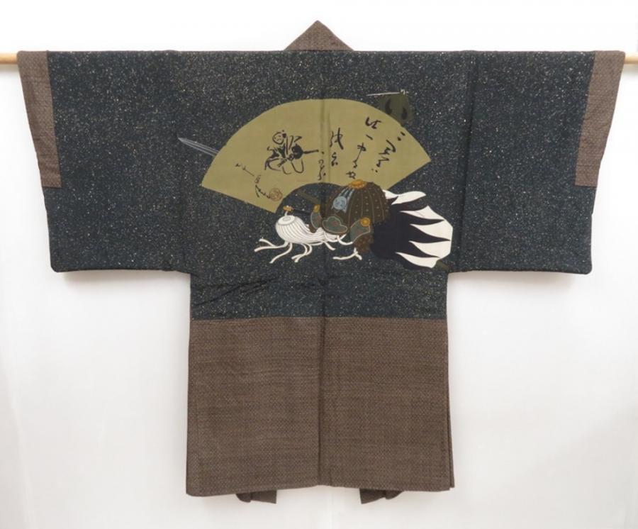 4931T05z550 Vintage Japanese Kimono Silk Men's HAORI 赤穂浪士 Brown-Gray