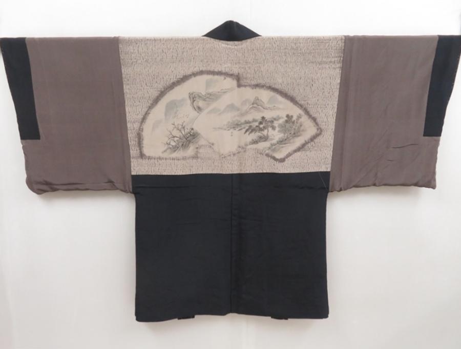 4931T06z670 Vintage Japanese Kimono Silk Men's HAORI Scenery Black