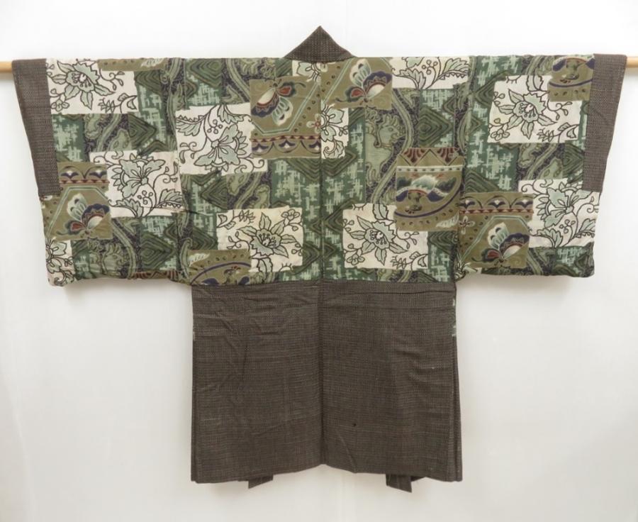 4931T09z450 Vintage Japanese Kimono Silk Men's HAORI Bird Brown-Gray