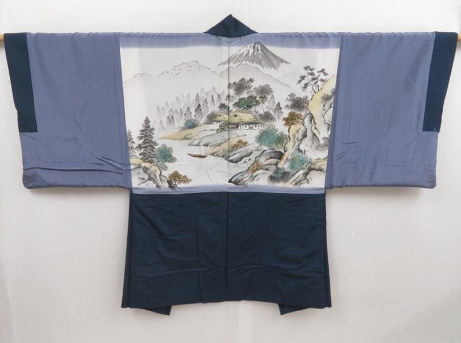 4931T14z600 Vintage Japanese Kimono Silk Men's HAORI House Navy