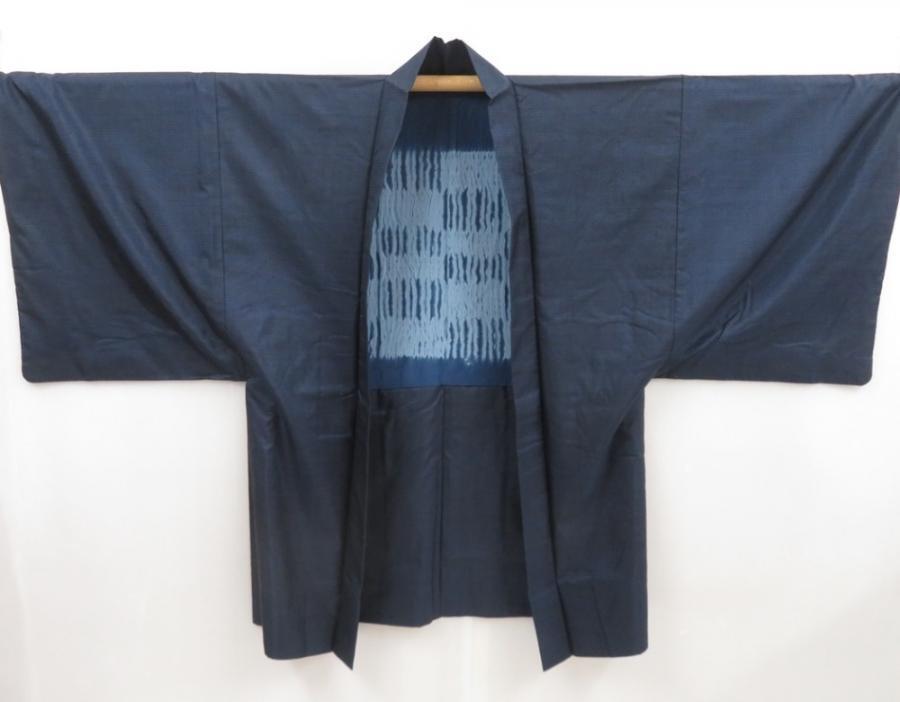 5001T03z560 Vintage Japanese Kimono Silk Men's HAORI  Navy-Gray