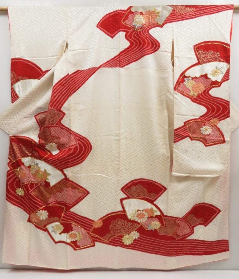 5001T11z1080 Vintage Japanese Kimono Silk FURISODE Jigami Off-white