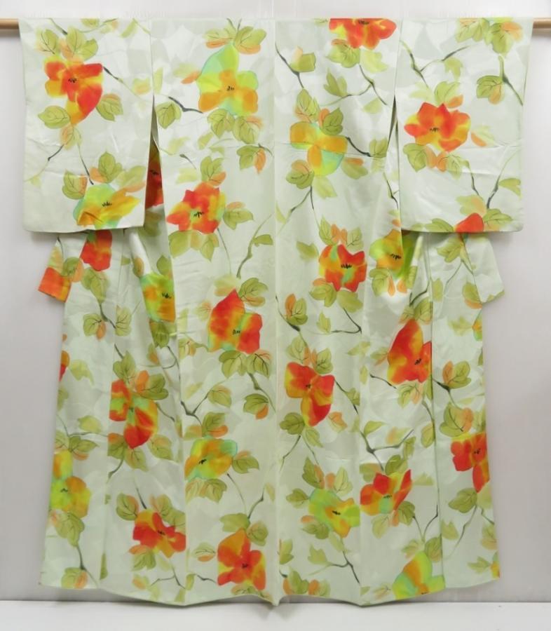 5003T03z830 Vintage Japanese Kimono Silk KOMON Flower Soft green