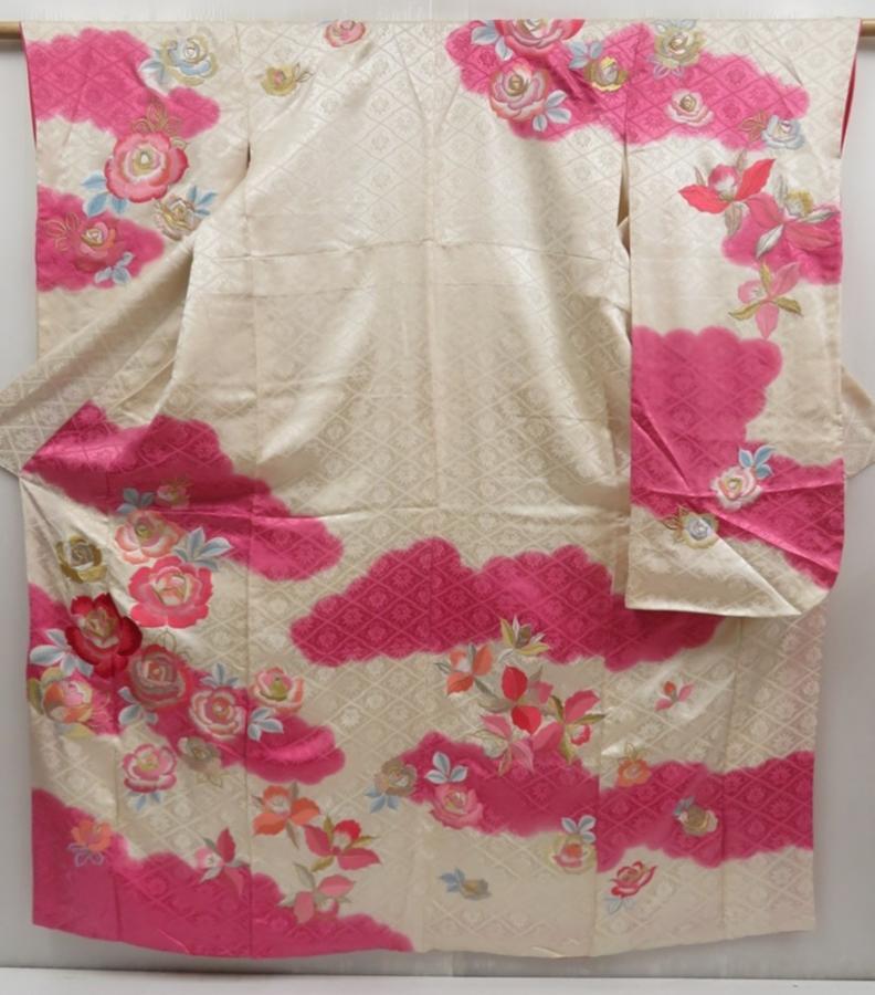 5004T13z1040 Vintage Japanese Kimono Silk FURISODE Peony Pink-Purple