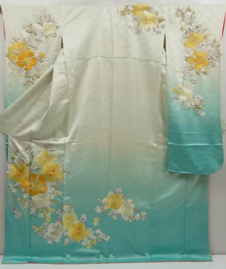 5006T01z1380 Vintage Japanese Kimono Silk FURISODE Flowers Off-white