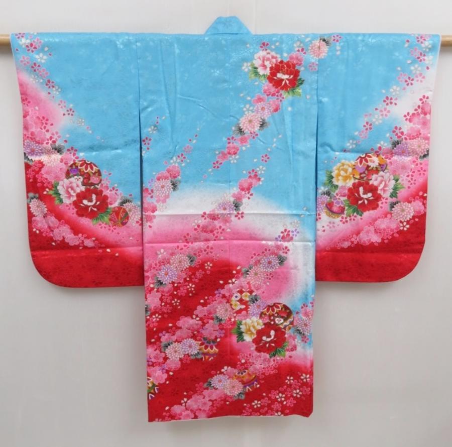 5006T04z280  Japanese Kimono Synthetic Girl's  Flowers Pink-Purple