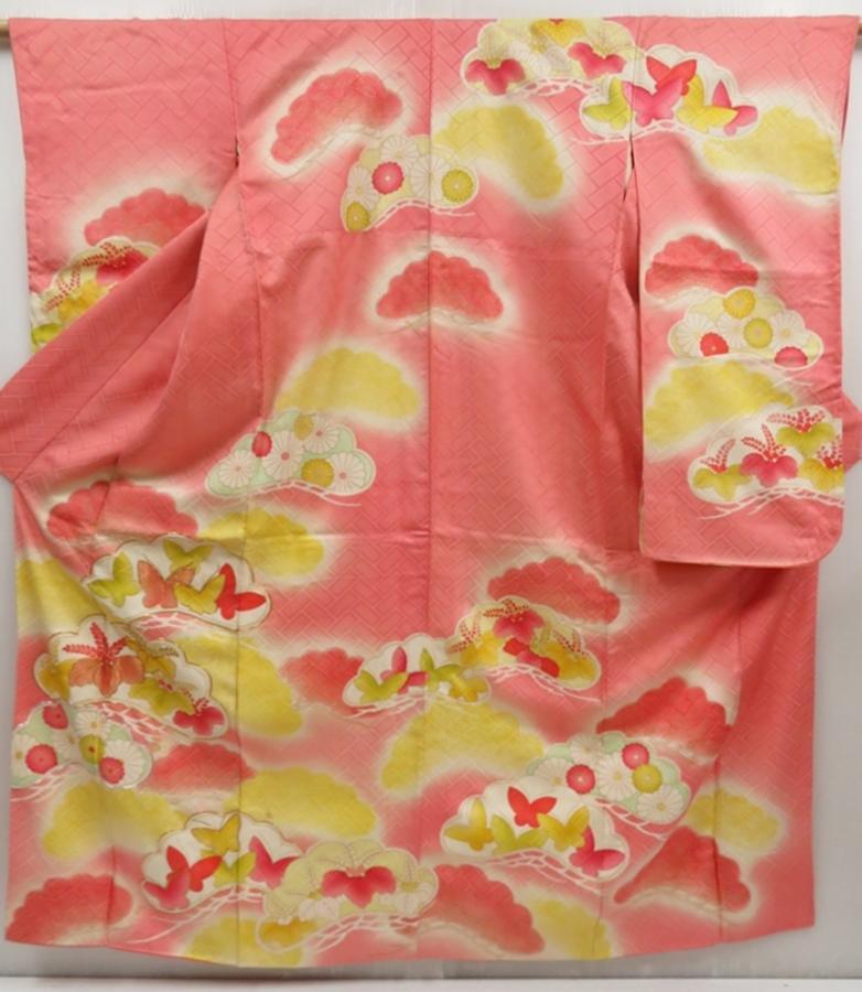 5006T05z920 Vintage Japanese Kimono Silk FURISODE Pine Coral pink