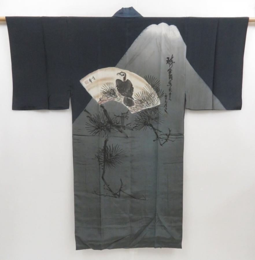 5006T08z380 Vintage Japanese Kimono Silk Men's JUBAN Mt.Fuji Black