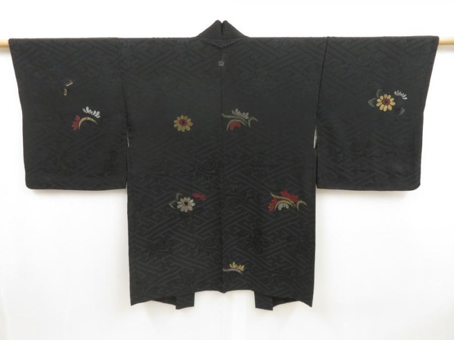 5012T07z470 Vintage Japanese Kimono Silk HAORI Flowers Black