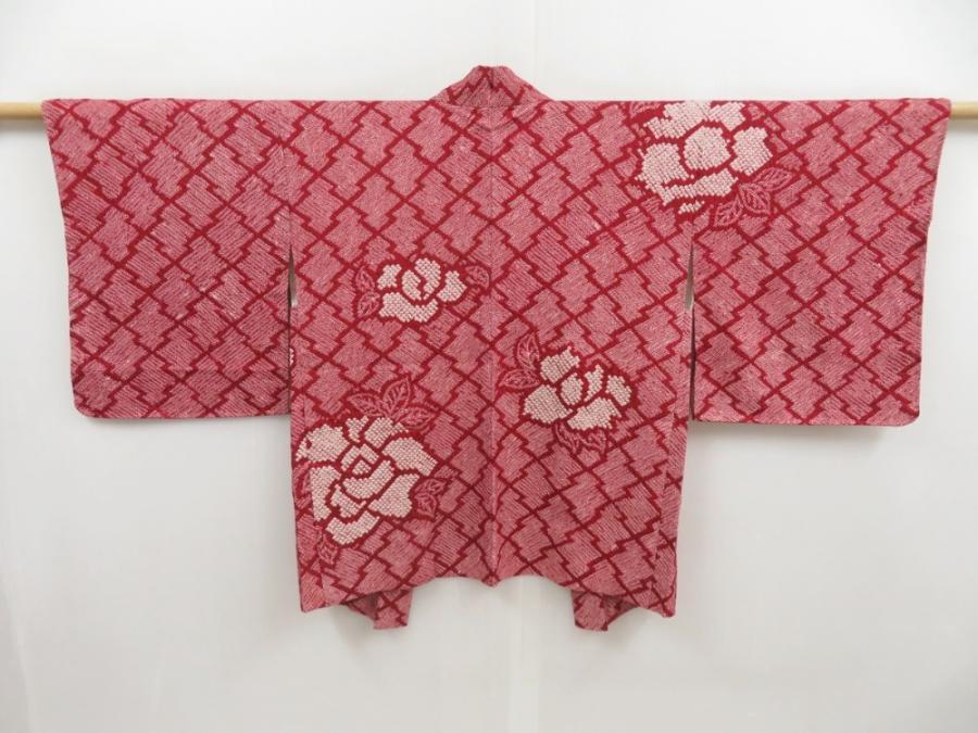 5012T08z440 Vintage Japanese Kimono Silk SHIBORI HAORI Flower Wine red