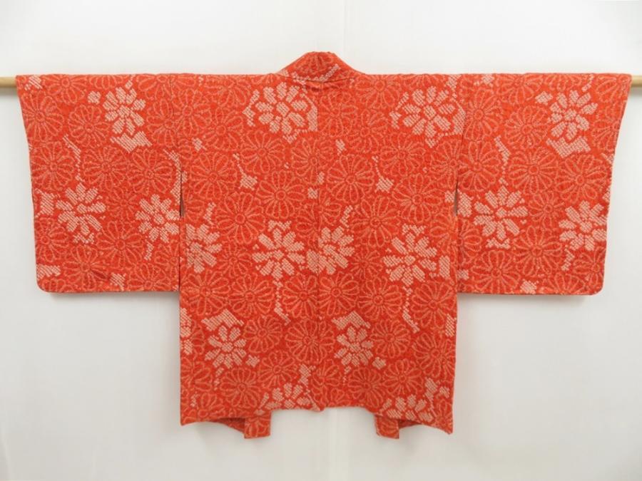 5012T10z430 Vintage Japanese Kimono Silk SHIBORI HAORI Dark orange