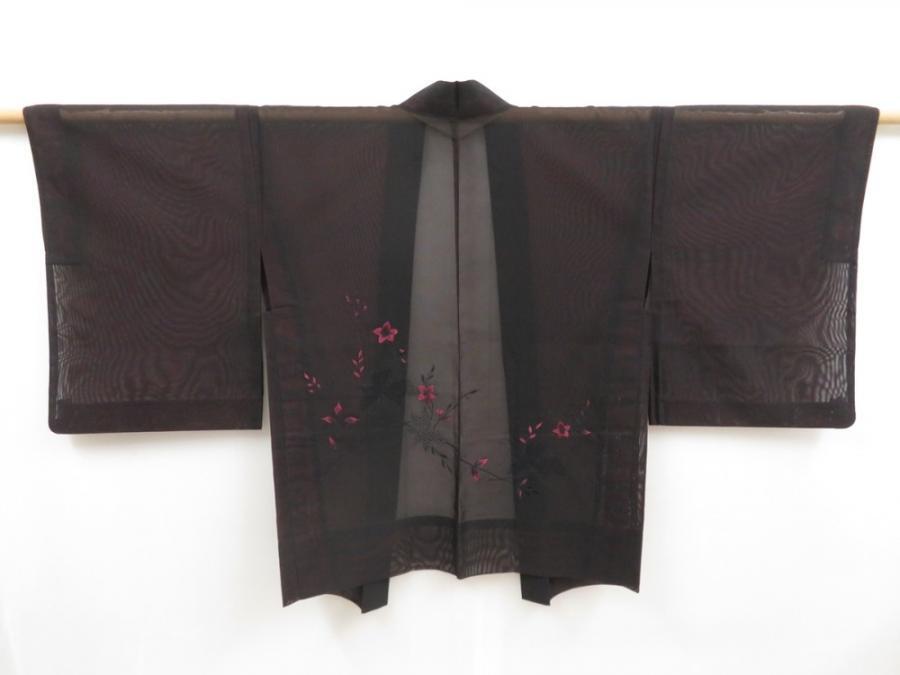 5012T11z230 Vintage Japanese Kimono Silk See through HAORI Flower Black