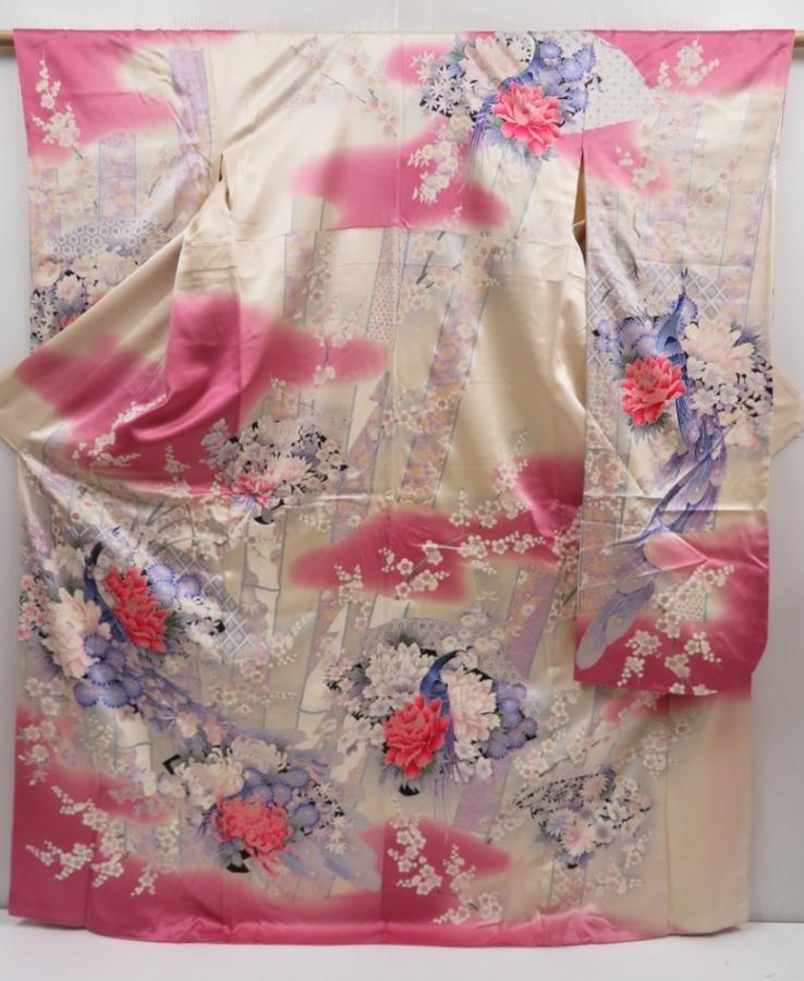 5012T13z1280 Vintage Japanese Kimono Silk FURISODE Peacock Dark pink